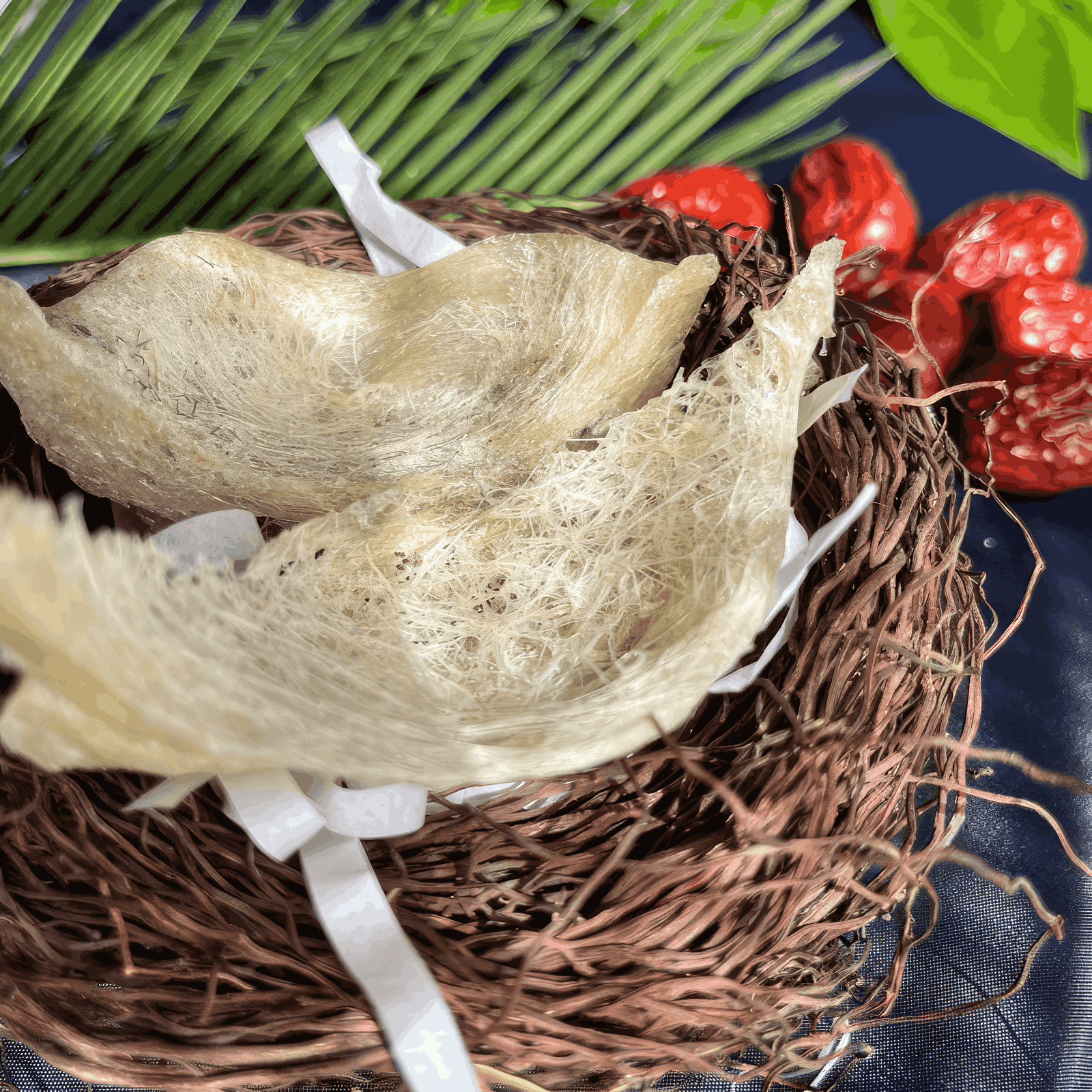 Raw bird nest laying in a basket 